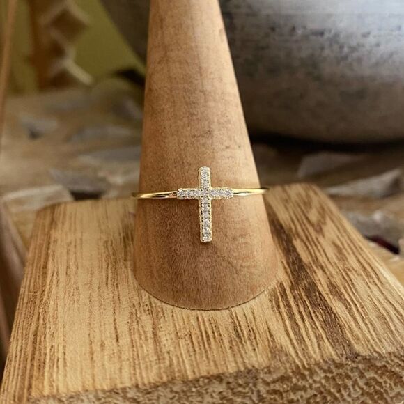 Cross Yellow Gold Sterling Silver Ring - Picture 6 of 7